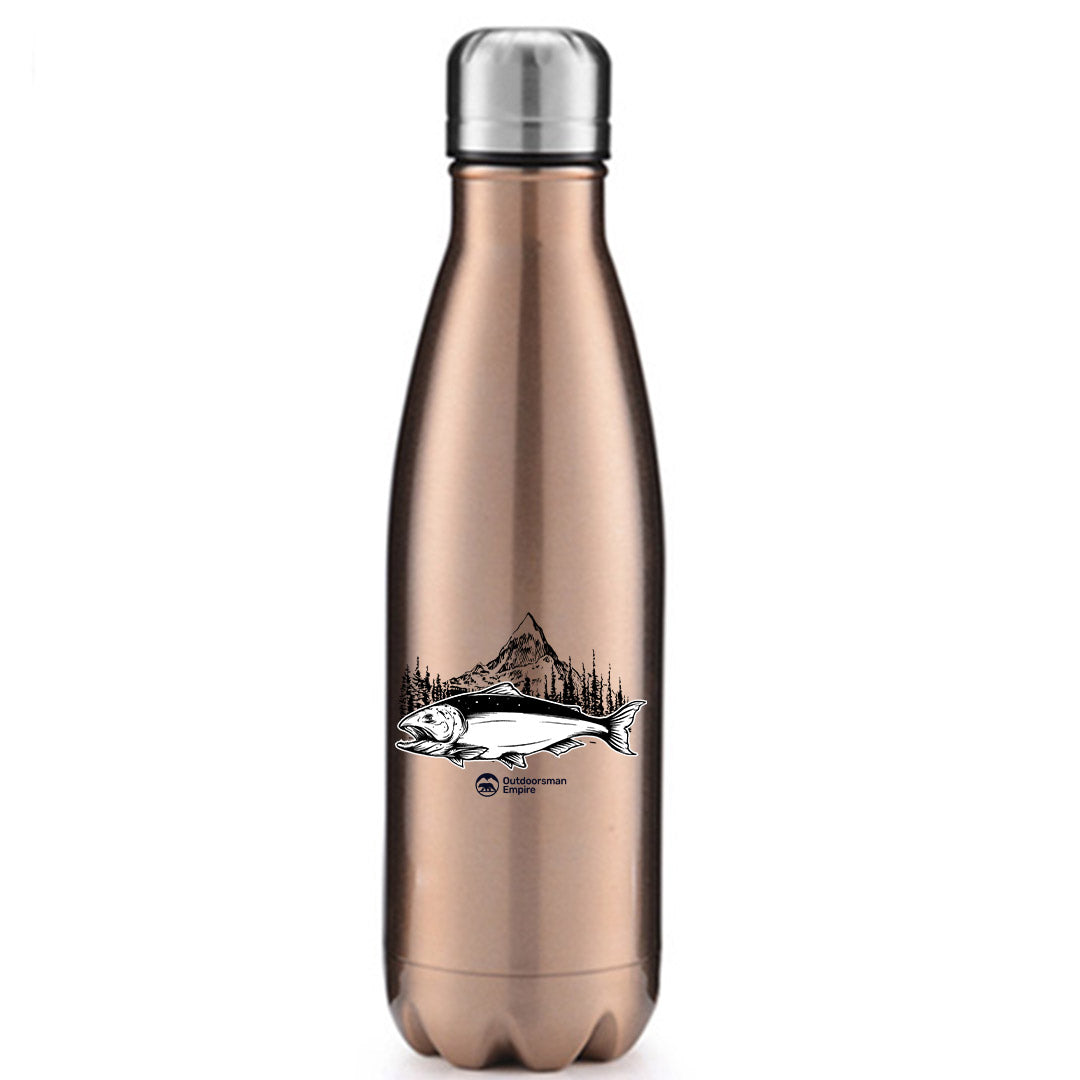 Fishing Mountain Stainless Steel Water Bottle in vibrant colors, showcasing its unique bowling pin shape and leak-proof cap.